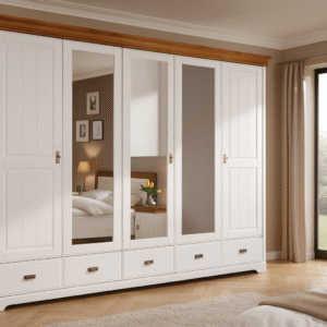 marsian classic white gardırop – 5 kapaklı, aynalı & meşe detaylı seri